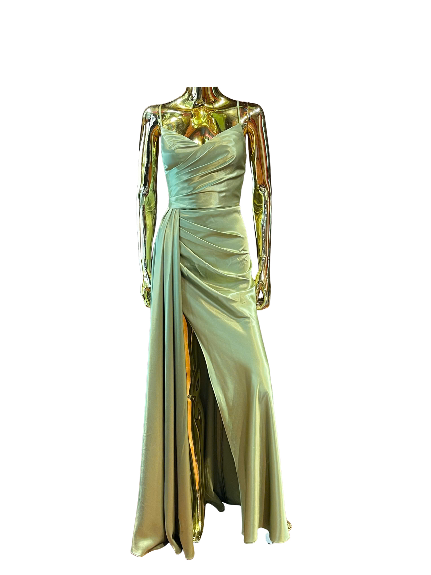 two-piece luxury mint green silk dress high slit