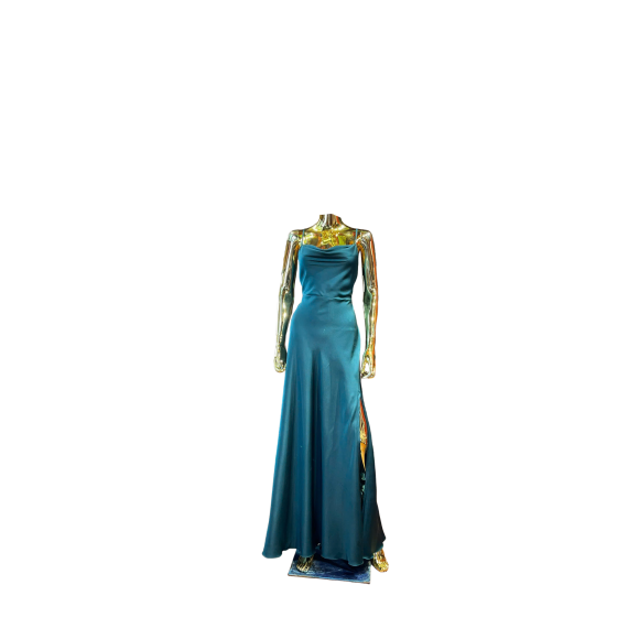 Emerald Satin Cowl-Neck Slit Gown