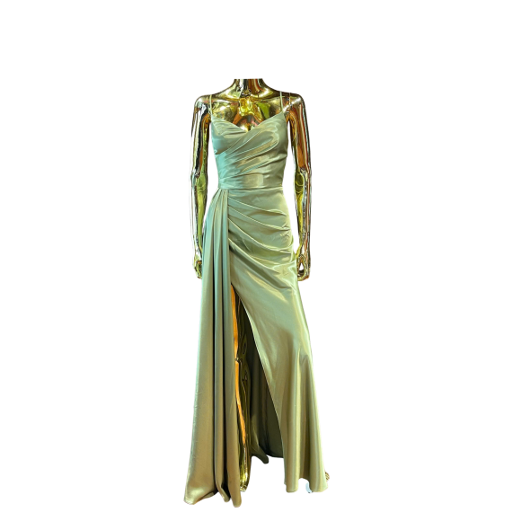 two-piece luxury mint green silk dress high slit