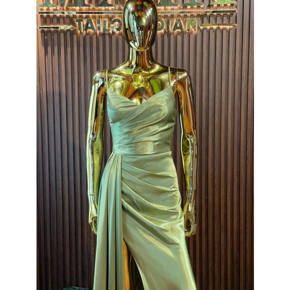 two-piece luxury mint green silk dress high slit