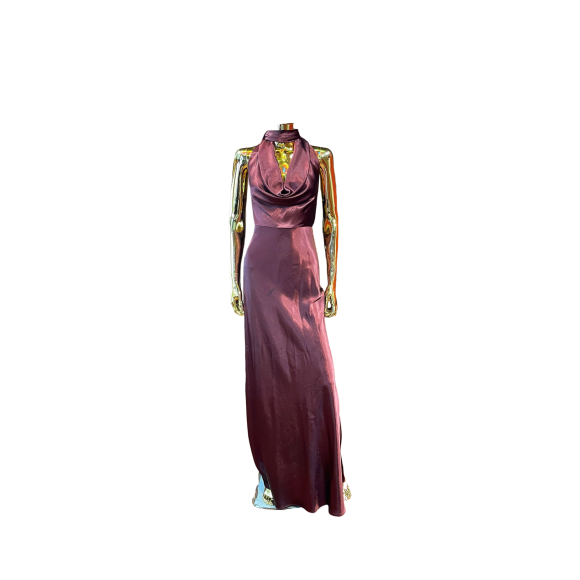cowl neck burgundy dress