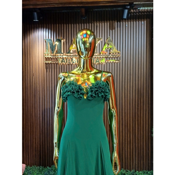 two-piece luxury green silk dress