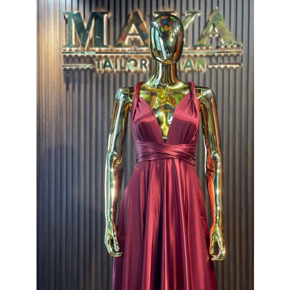 Burgundy Satin Deep-V Maxi Dress